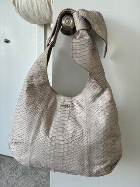 Furla Croc Embossed Leather Hobo Bag Gray Slouchy Shoulder Bag